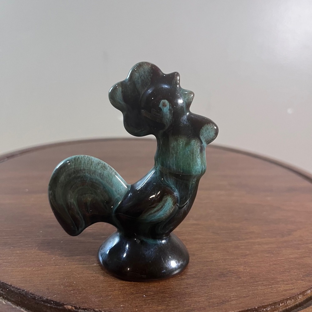 Vtg Blue Mountain Pottery Rooster Figurine Green Drip Glaze MCM Canada 3.75"